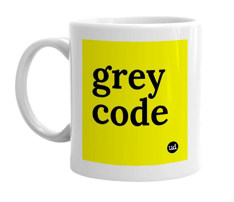White mug with 'grey code' in bold black letters