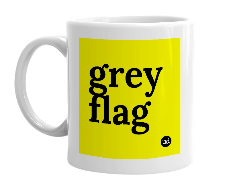 White mug with 'grey flag' in bold black letters