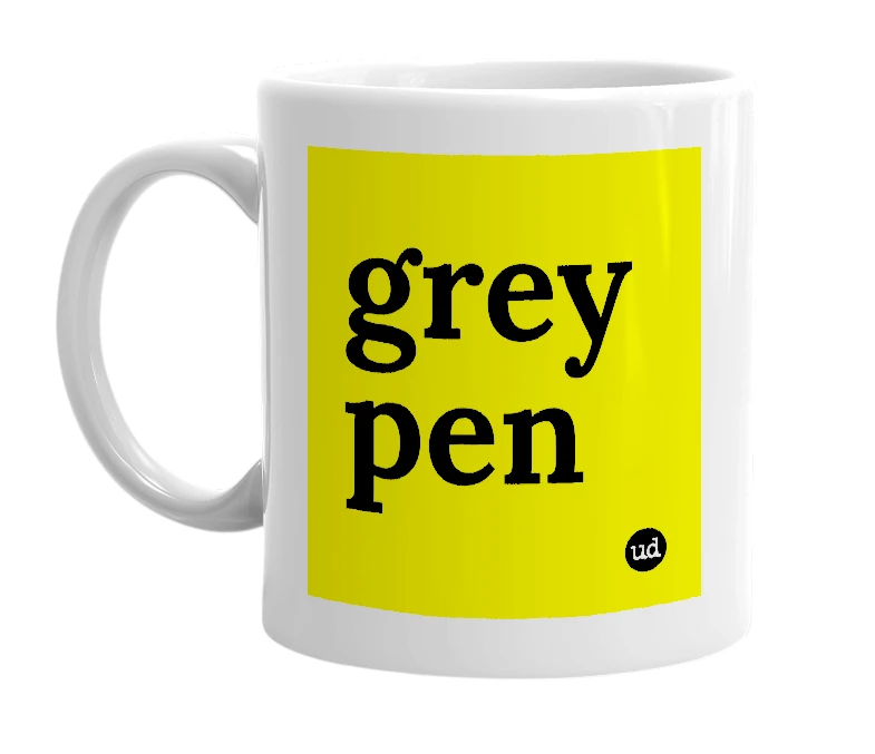 White mug with 'grey pen' in bold black letters