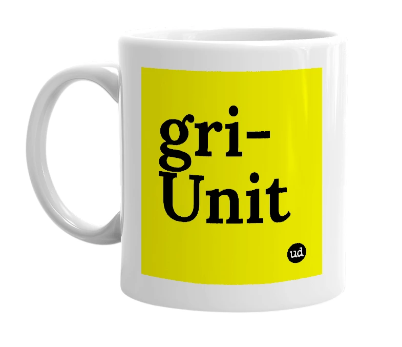 White mug with 'gri-Unit' in bold black letters