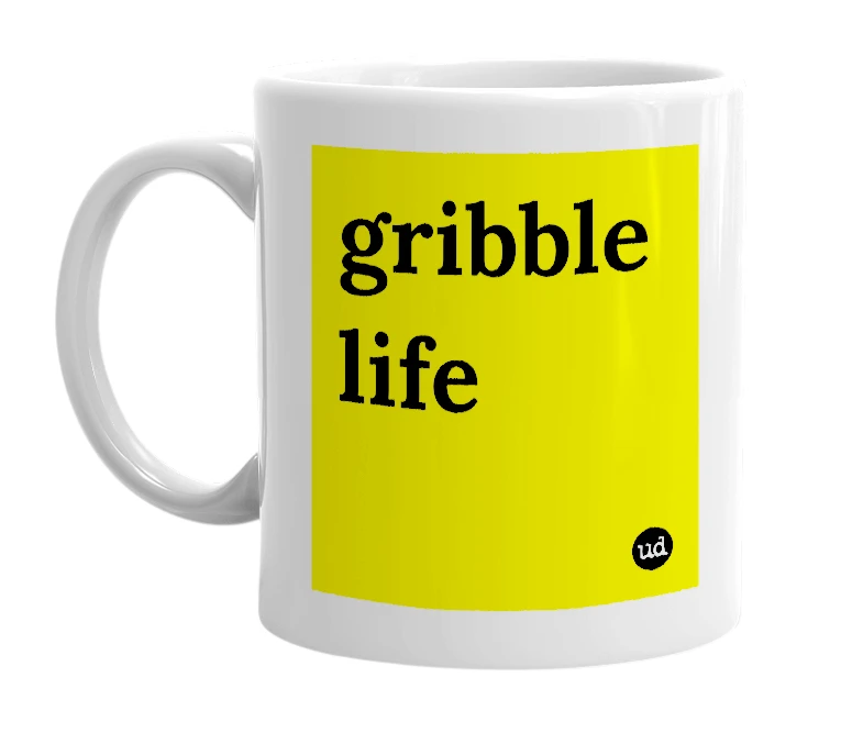 White mug with 'gribble life' in bold black letters