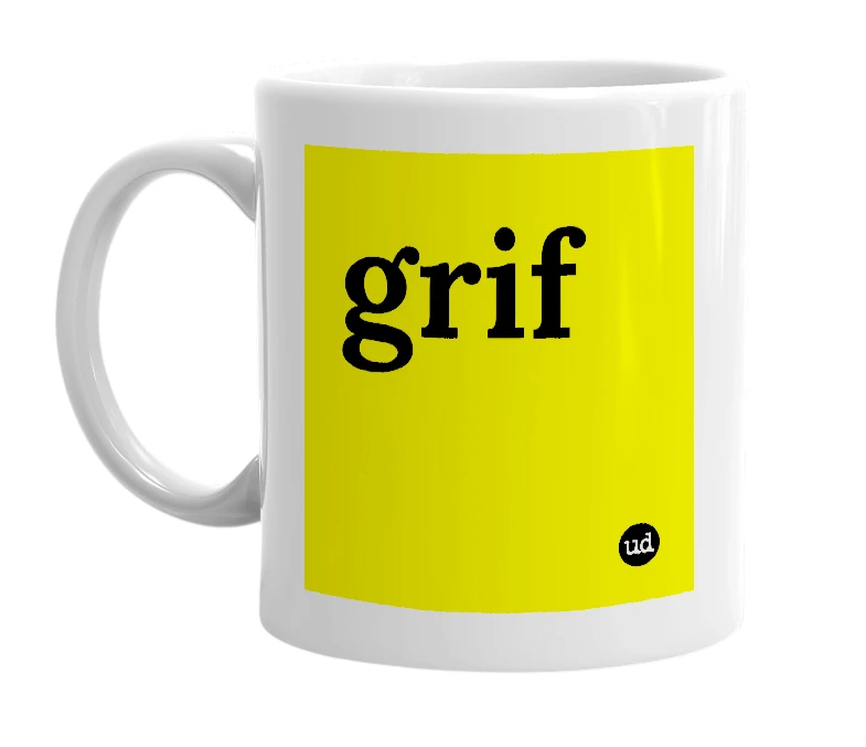 White mug with 'grif' in bold black letters