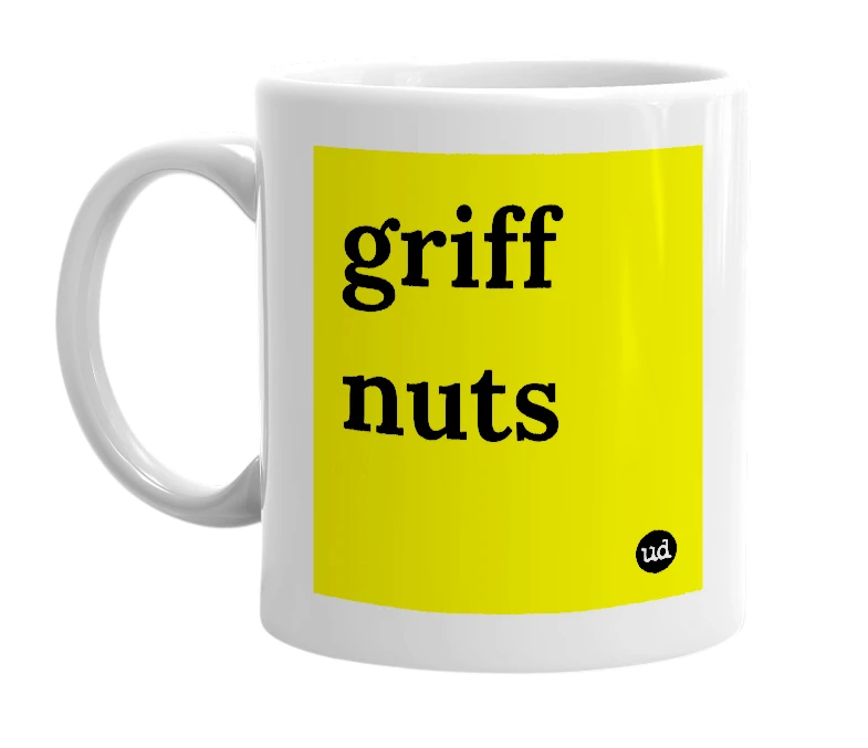 White mug with 'griff nuts' in bold black letters