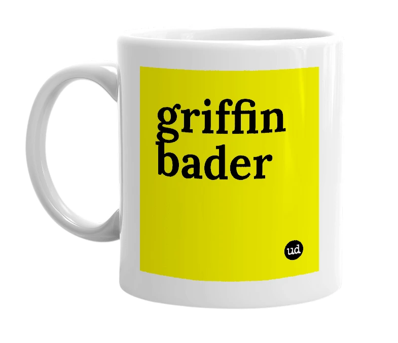 White mug with 'griffin bader' in bold black letters