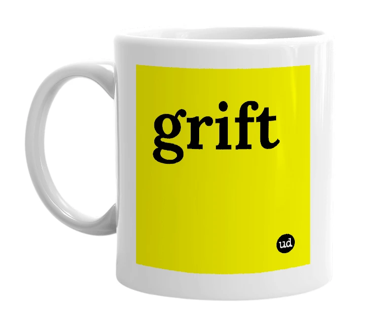 White mug with 'grift' in bold black letters