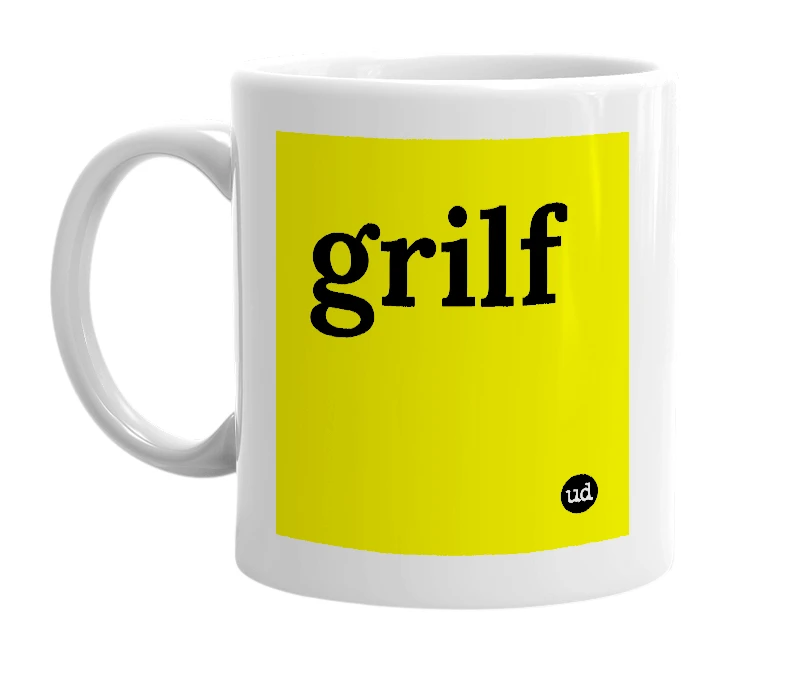 White mug with 'grilf' in bold black letters