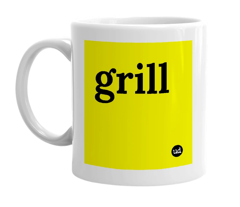 White mug with 'grill' in bold black letters