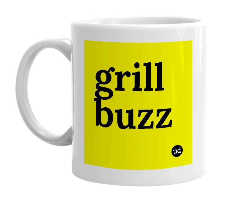 White mug with 'grill buzz' in bold black letters