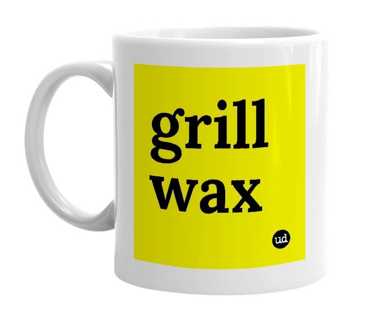 White mug with 'grill wax' in bold black letters