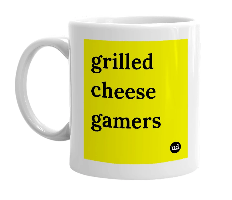 White mug with 'grilled cheese gamers' in bold black letters