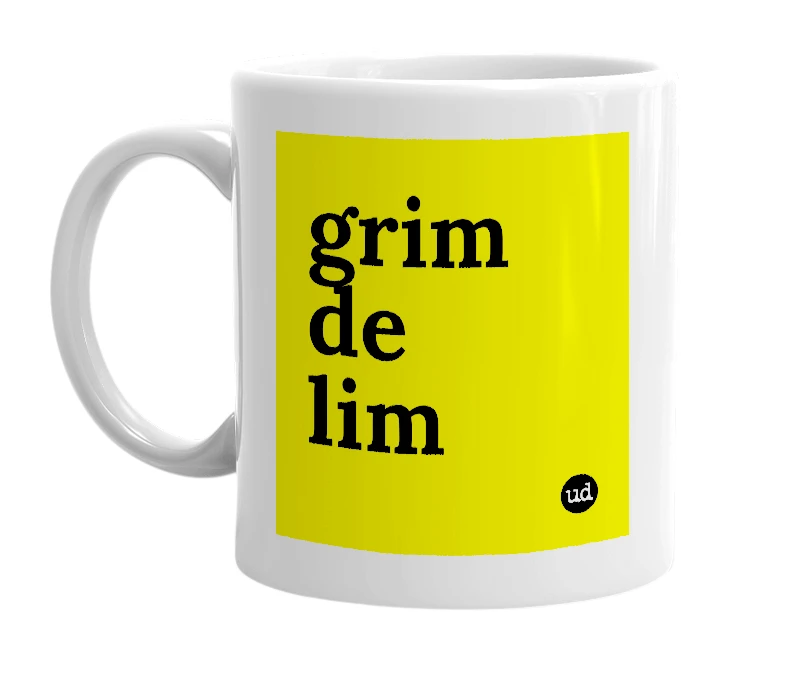 White mug with 'grim de lim' in bold black letters