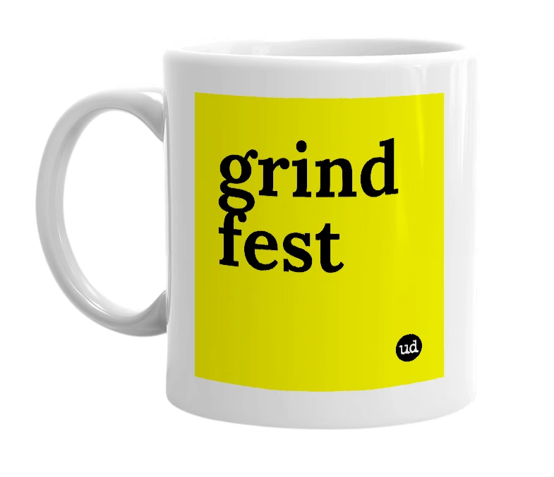 White mug with 'grind fest' in bold black letters