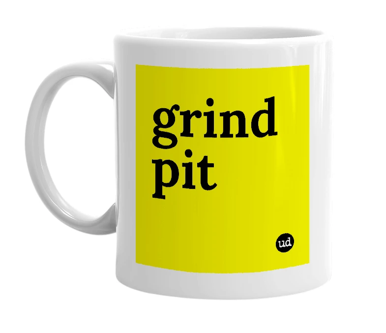 White mug with 'grind pit' in bold black letters