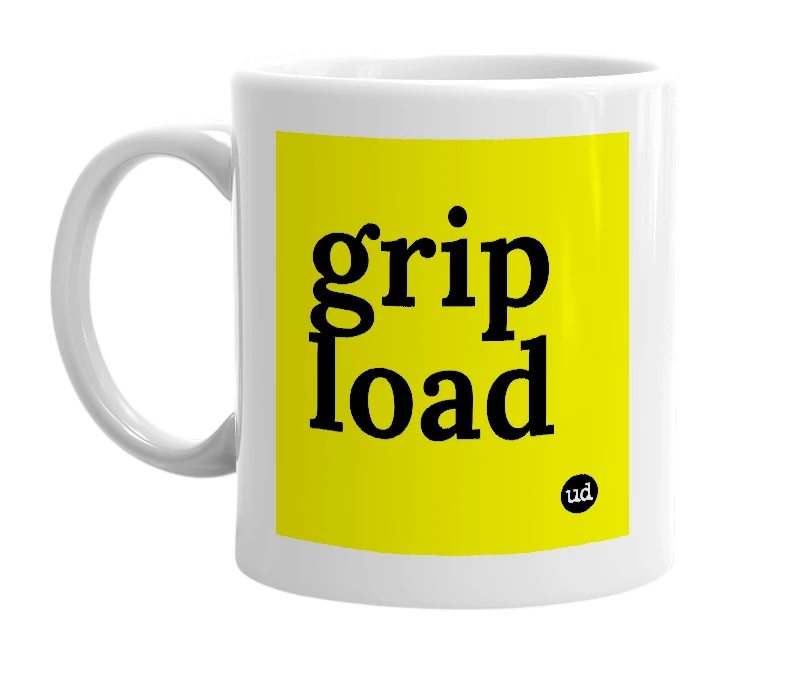 White mug with 'grip load' in bold black letters