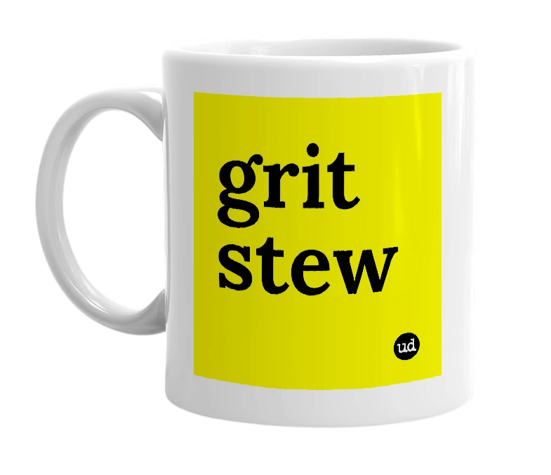 White mug with 'grit stew' in bold black letters