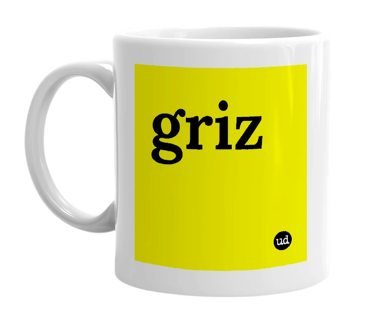 White mug with 'griz' in bold black letters