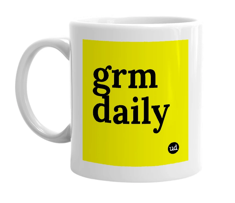 White mug with 'grm daily' in bold black letters