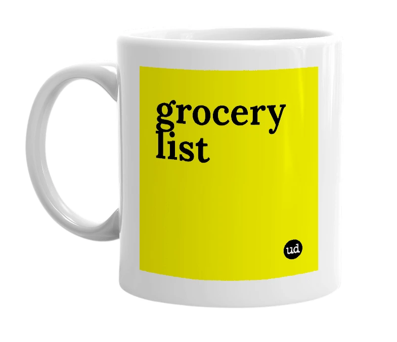 White mug with 'grocery list' in bold black letters