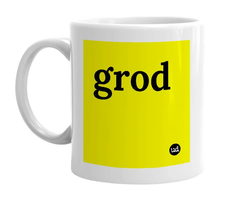 White mug with 'grod' in bold black letters