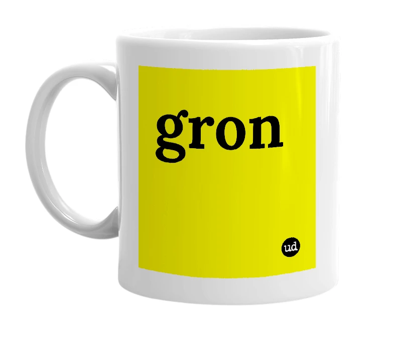 White mug with 'gron' in bold black letters