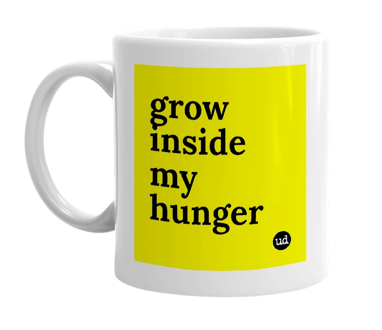 White mug with 'grow inside my hunger' in bold black letters