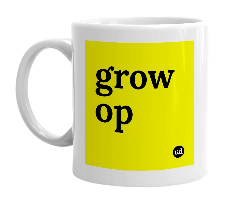 White mug with 'grow op' in bold black letters