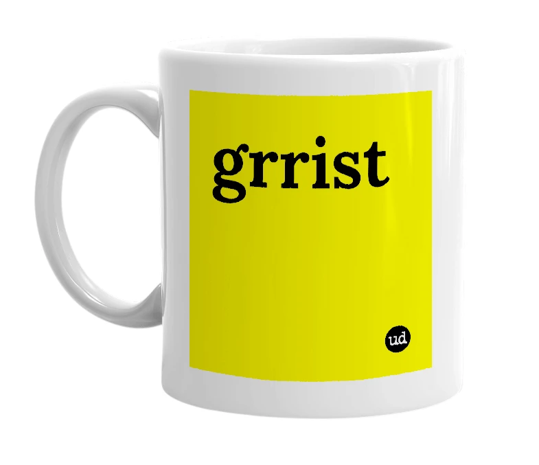 White mug with 'grrist' in bold black letters