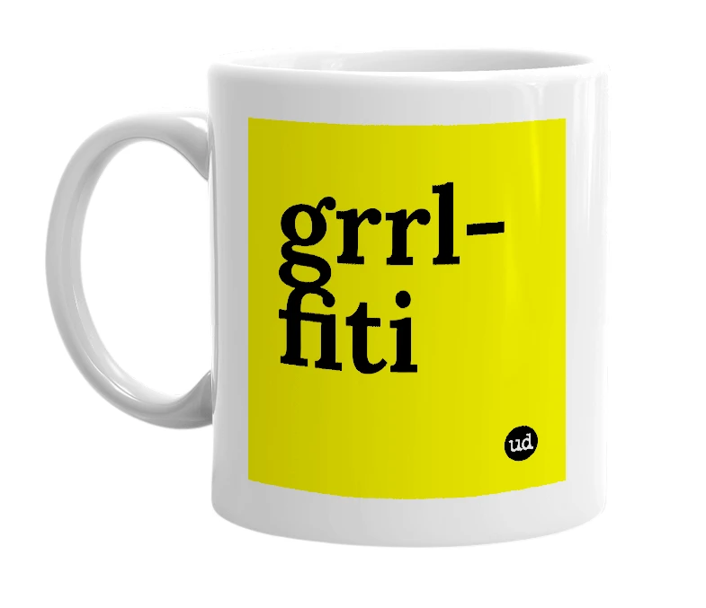 White mug with 'grrl-fiti' in bold black letters