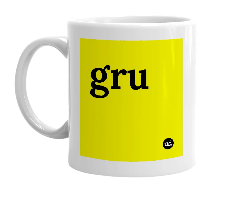 White mug with 'gru' in bold black letters