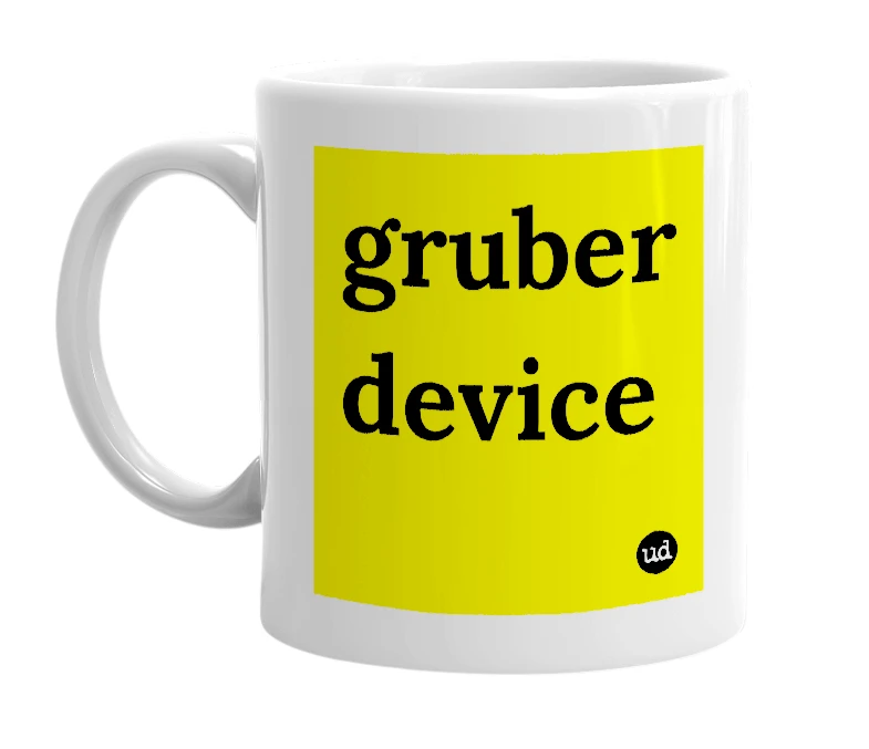 White mug with 'gruber device' in bold black letters