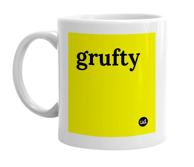 White mug with 'grufty' in bold black letters