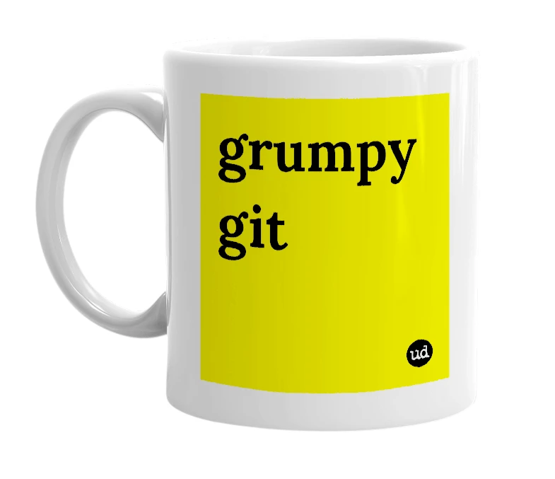 White mug with 'grumpy git' in bold black letters