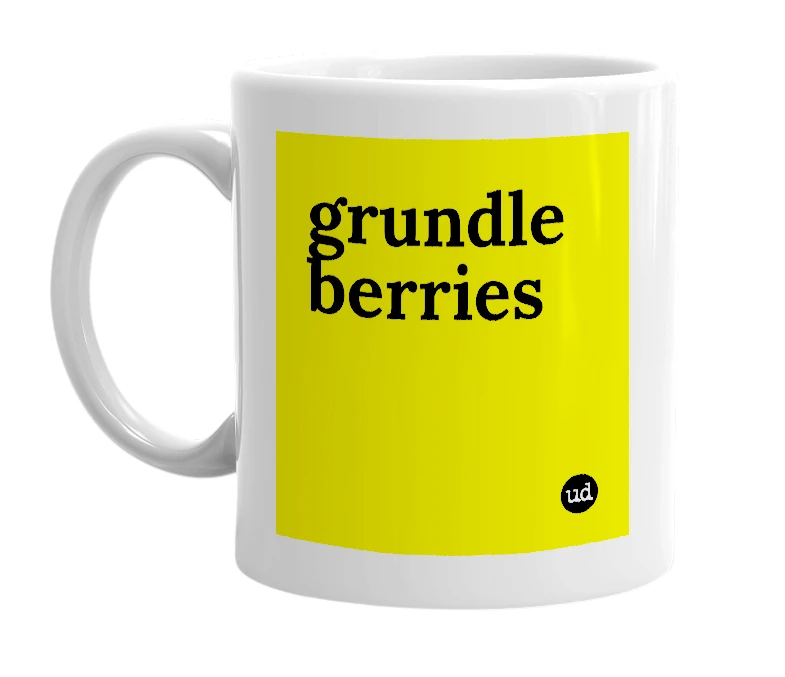 White mug with 'grundle berries' in bold black letters