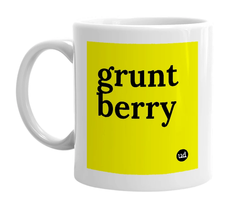 White mug with 'grunt berry' in bold black letters