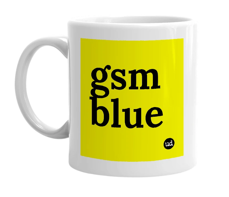White mug with 'gsm blue' in bold black letters
