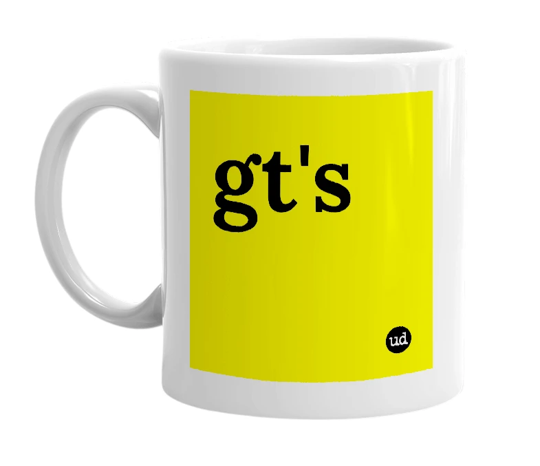 White mug with 'gt's' in bold black letters