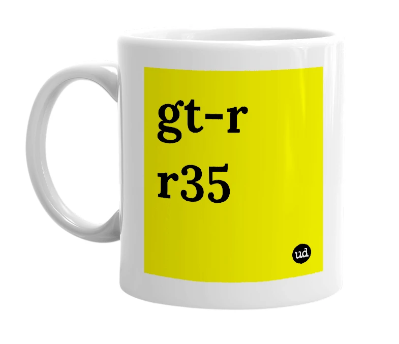 White mug with 'gt-r r35' in bold black letters
