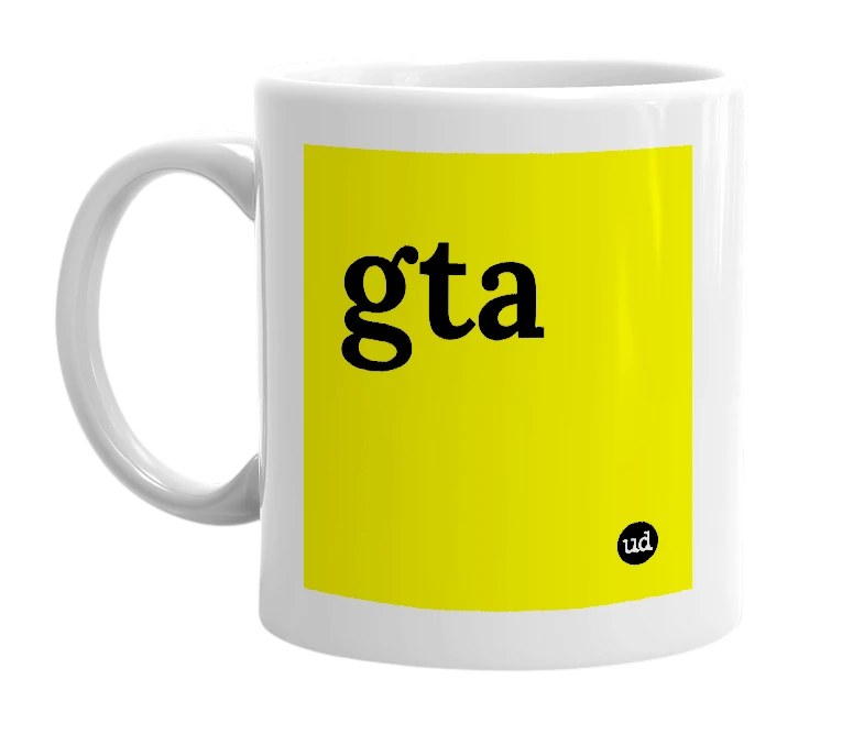 White mug with 'gta' in bold black letters