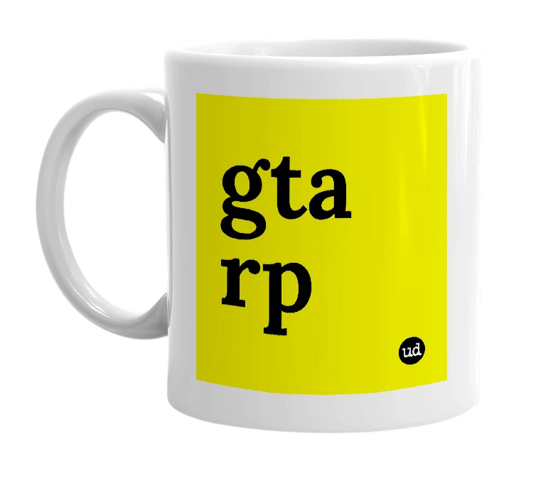 White mug with 'gta rp' in bold black letters