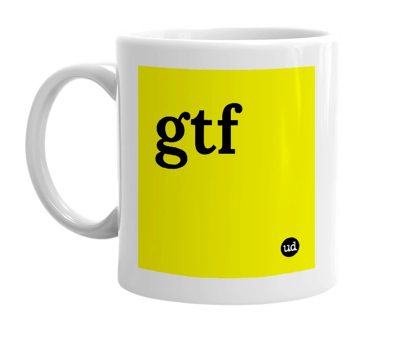 White mug with 'gtf' in bold black letters
