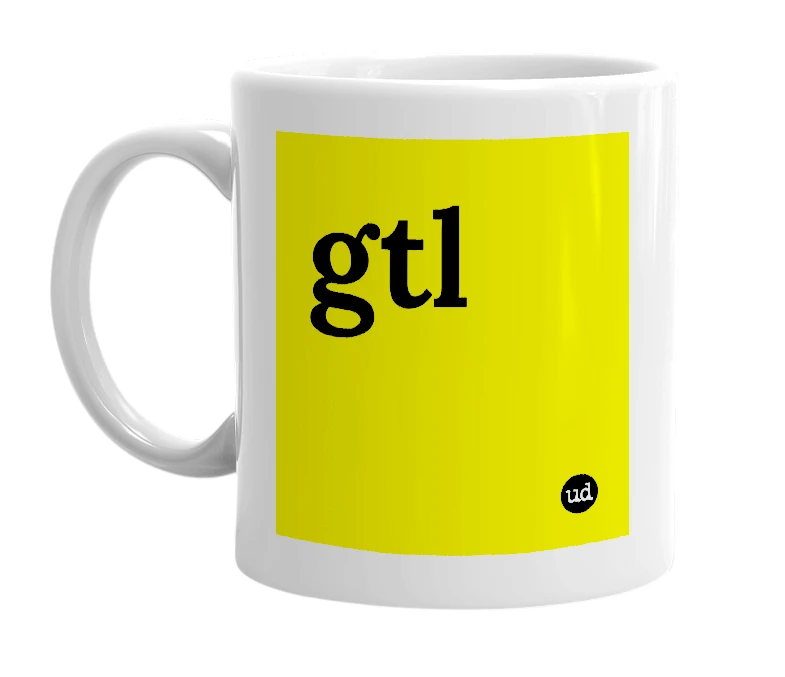 White mug with 'gtl' in bold black letters