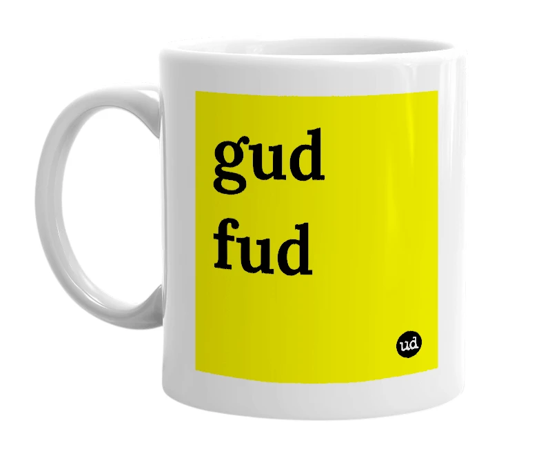 White mug with 'gud fud' in bold black letters