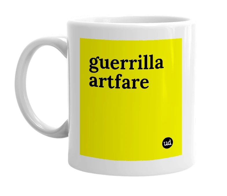 White mug with 'guerrilla artfare' in bold black letters