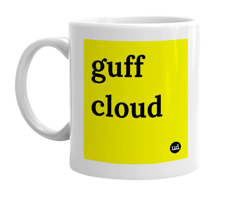 White mug with 'guff cloud' in bold black letters