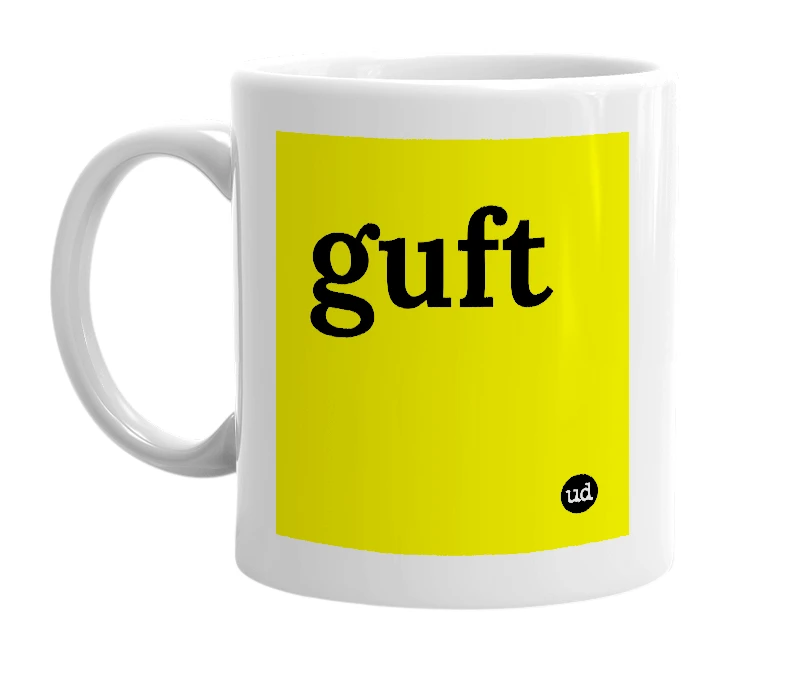 White mug with 'guft' in bold black letters