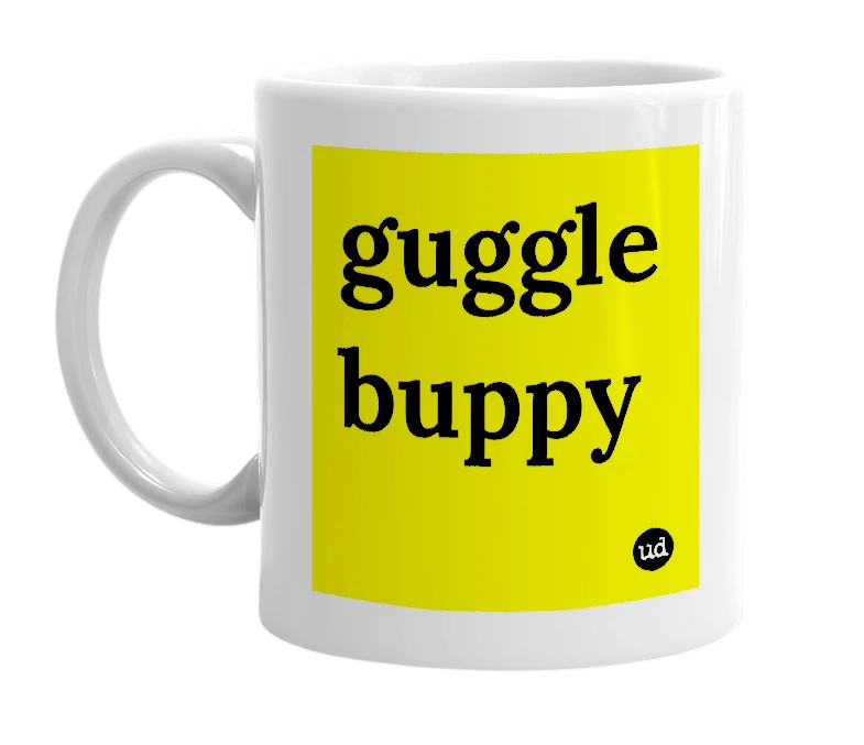 White mug with 'guggle buppy' in bold black letters