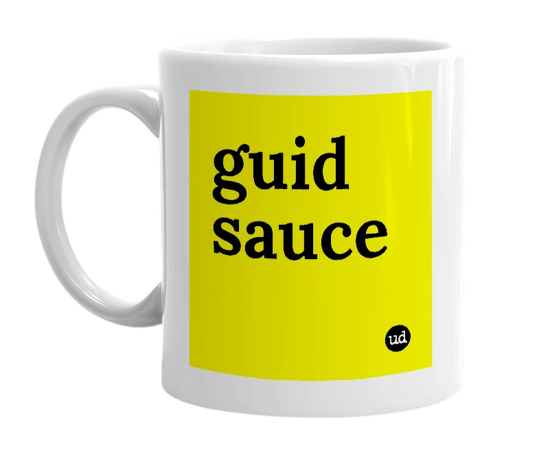 White mug with 'guid sauce' in bold black letters