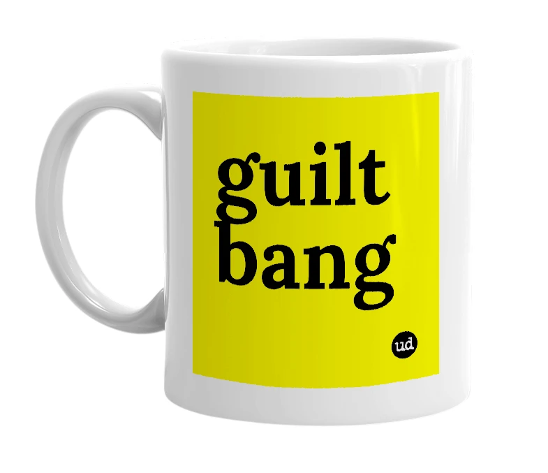 White mug with 'guilt bang' in bold black letters