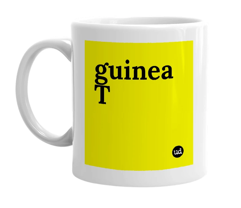 White mug with 'guinea T' in bold black letters