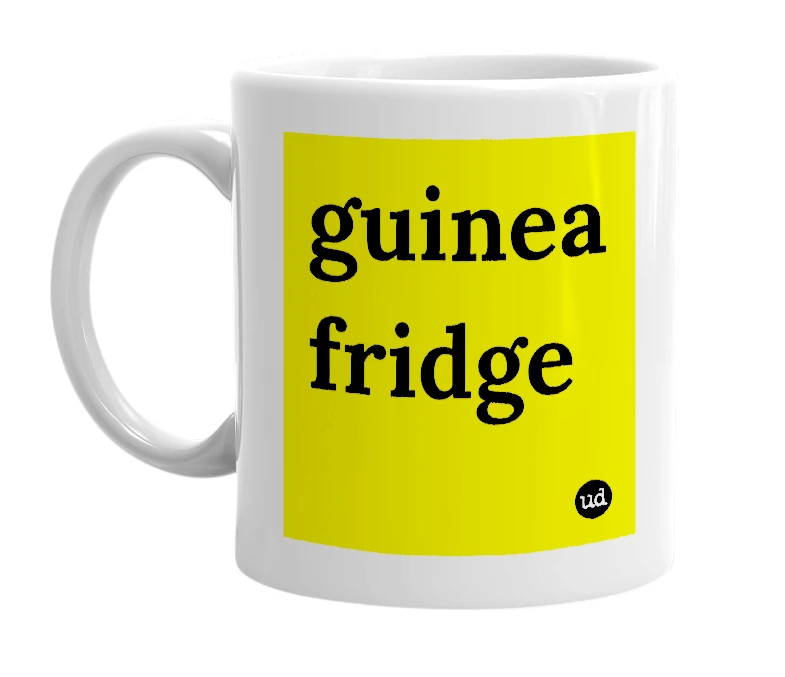 White mug with 'guinea fridge' in bold black letters